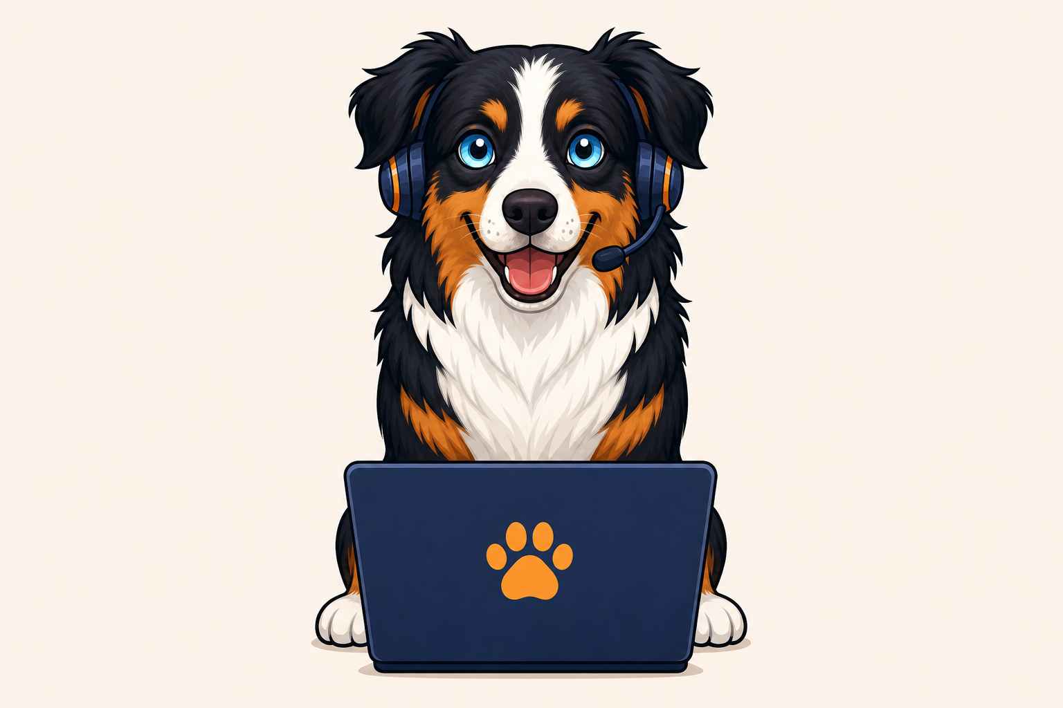 Cartoon mascot Odin — Australian shepherd with headset and laptop